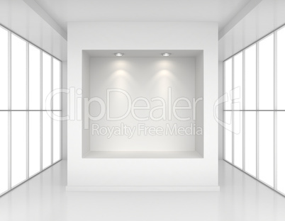 Exhibit Showcases with light sources in blank interior room large windows. 3d rendering