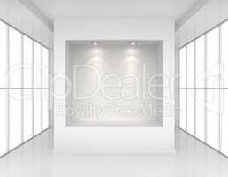 Exhibit Showcases with light sources in blank interior room large windows. 3d rendering