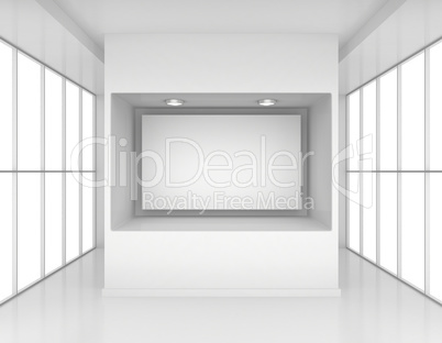Exhibit Showcases with blank paper poster and light bulbs in interior room large windows. 3d rendering
