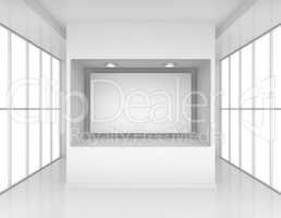 Exhibit Showcases with blank paper poster and light bulbs in interior room large windows. 3d rendering