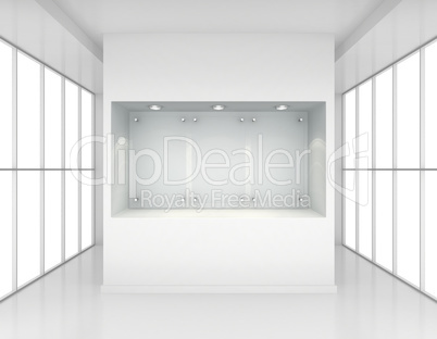 Exhibit Showcases with blank glass signs in the interior. 3d rendering