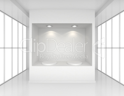 Showcase with lights and podiums for samples product in blank interior room large windows. 3d rendering