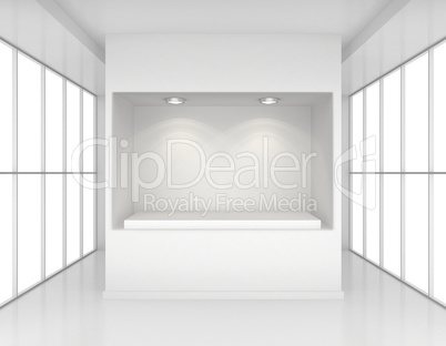 Showcase with lights and podiums for samples product in blank interior room large windows