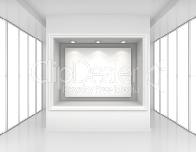 Exhibit Showcases with blank paper poster and light bulbs in interior room large windows. 3d rendering