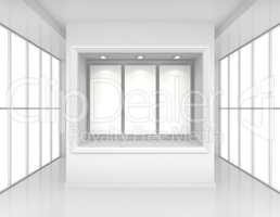 Exhibit Showcases with blank paper poster and light bulbs in interior room large windows