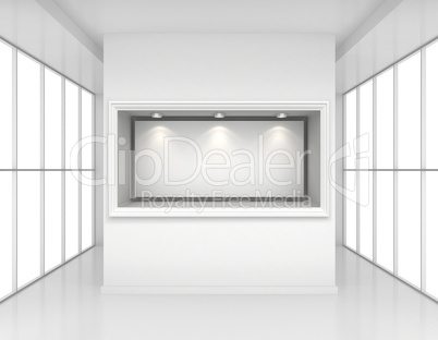 Exhibit Showcases with blank paper poster and light bulbs in interior room large windows