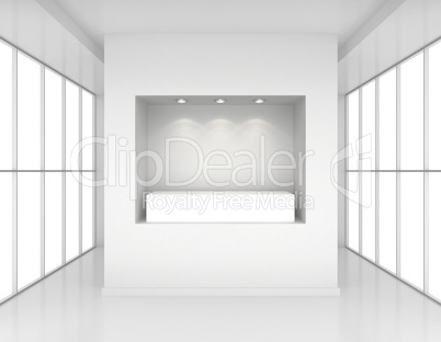 Showcase with lights and podiums for samples product in blank interior room large windows. 3d rendering