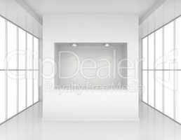 Exhibit Showcases with light sources in blank interior room large windows