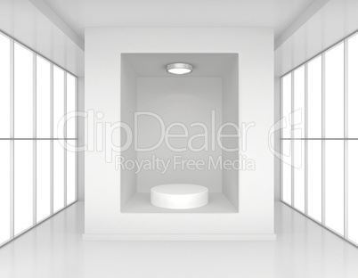 Showcase with lights and podiums for samples product in blank interior room large windows. 3d rendering