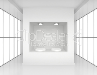 Showcase with lights and podiums for samples product in blank interior room large windows