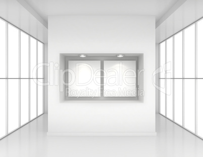 Exhibit Showcases with blank paper poster and light bulbs in interior room large windows. 3d rendering