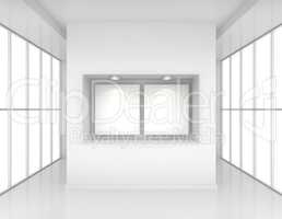 Exhibit Showcases with blank paper poster and light bulbs in interior room large windows. 3d rendering