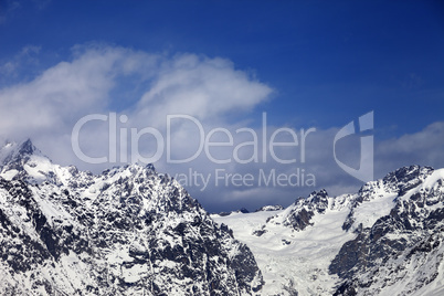 High snowy mountains and glacier at sunny day