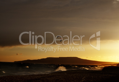 Silhouette of power kites at sunset