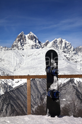 Snowboards in outdoor cafe at ski resort