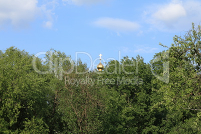 cupola of church with crosses and tree