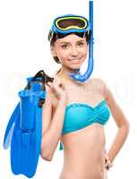 Young happy woman with snorkel equipment