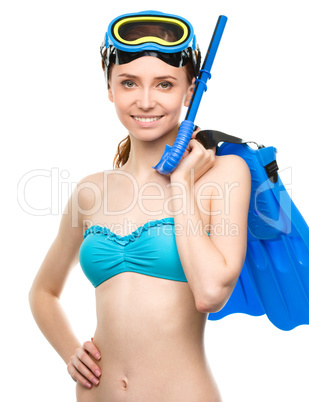 Young happy woman with snorkel equipment