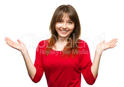 Portrait of a young woman raised her hands up