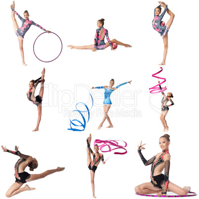 Photo collage. Artistic gymnast posing at camera
