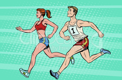 Man woman athletes running track and field summer games