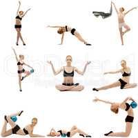 Set of many fitness poses by cute sportswoman