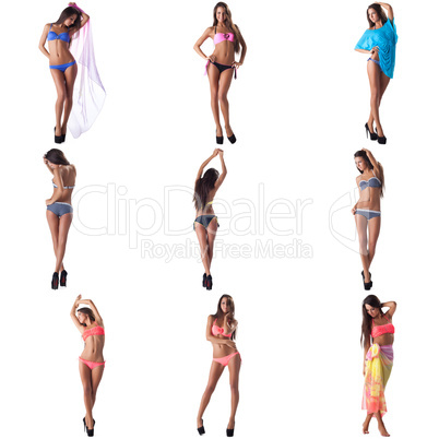 Model advertises swimwear. Collage of many photos