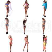 Model advertises swimwear. Collage of many photos