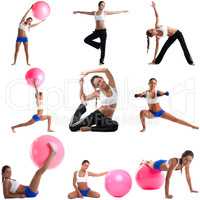 Photo set of cute woman doing fitness exercises