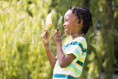 Profile view of boy looking at leaf through magnifying glass