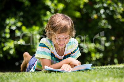 A little boy is reading a book