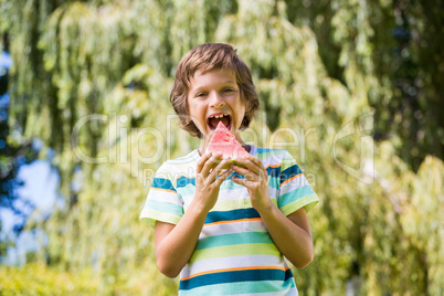 A little boy is going to eat a watermelon