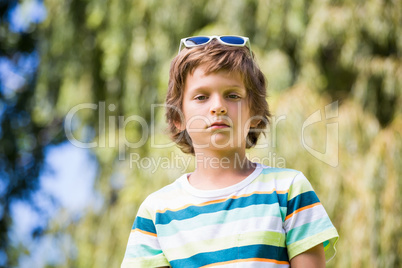 A little boy is wearing sun glasses