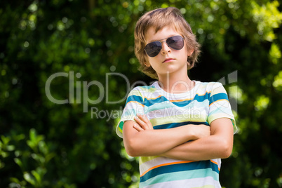 A little boy is wearing sun glasses