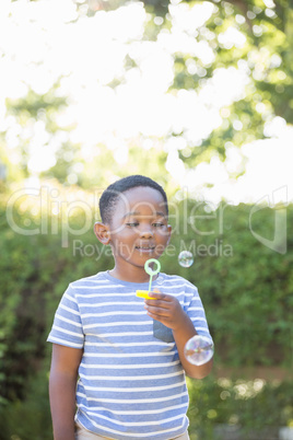 Portrait of boy making bubbles with bubble wand