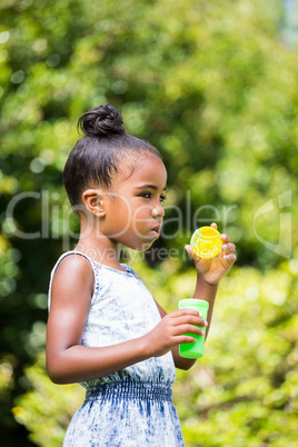 Little girl making bubble in a park