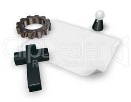 christian cross and gear wheel - 3d rendering