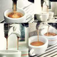 Collage of an espresso machine making a cup of coffee.