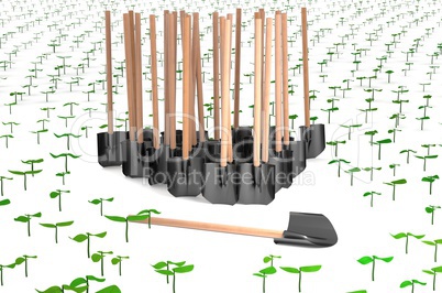 Planting sprouts with many shovels 3d illustration