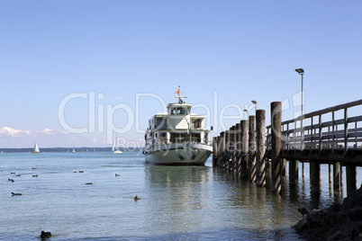 Steamship at the pier, Chiemsee, Bavaria