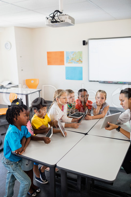 Pupils listening the teacher using tablet pc