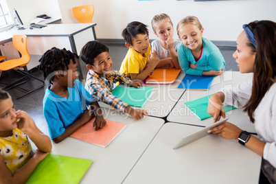 Aerial view of pupils and teacher with tablet