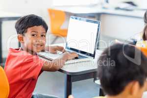 Cute pupil using laptop at desk