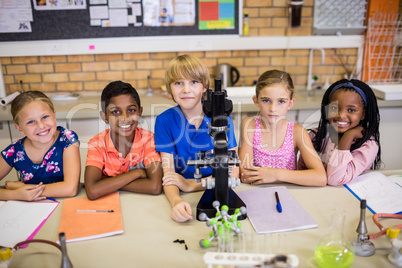 Children posing with microscope