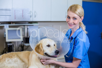 A woman vet putting a collar to a dog