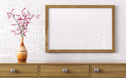 Blank wooden frame above dresser 3d rendering