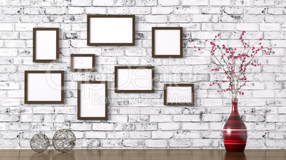 Wooden frames and shelf interior background 3d rendering