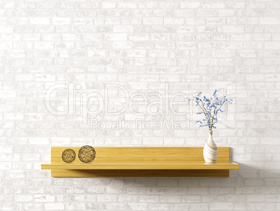 Wooden shelf over brick wall interior background 3d rendering
