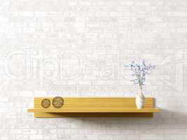 Wooden shelf over brick wall interior background 3d rendering