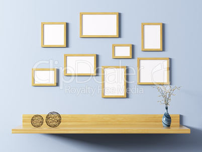 Wooden frames above shelf 3d rendering